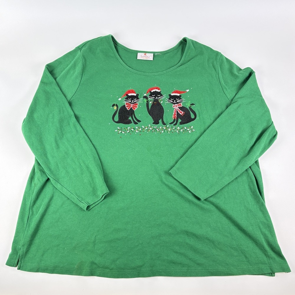 Quacker Factory Christmas Cats Green L/S Shirt *No Size Tag Holiday Embroidered‎